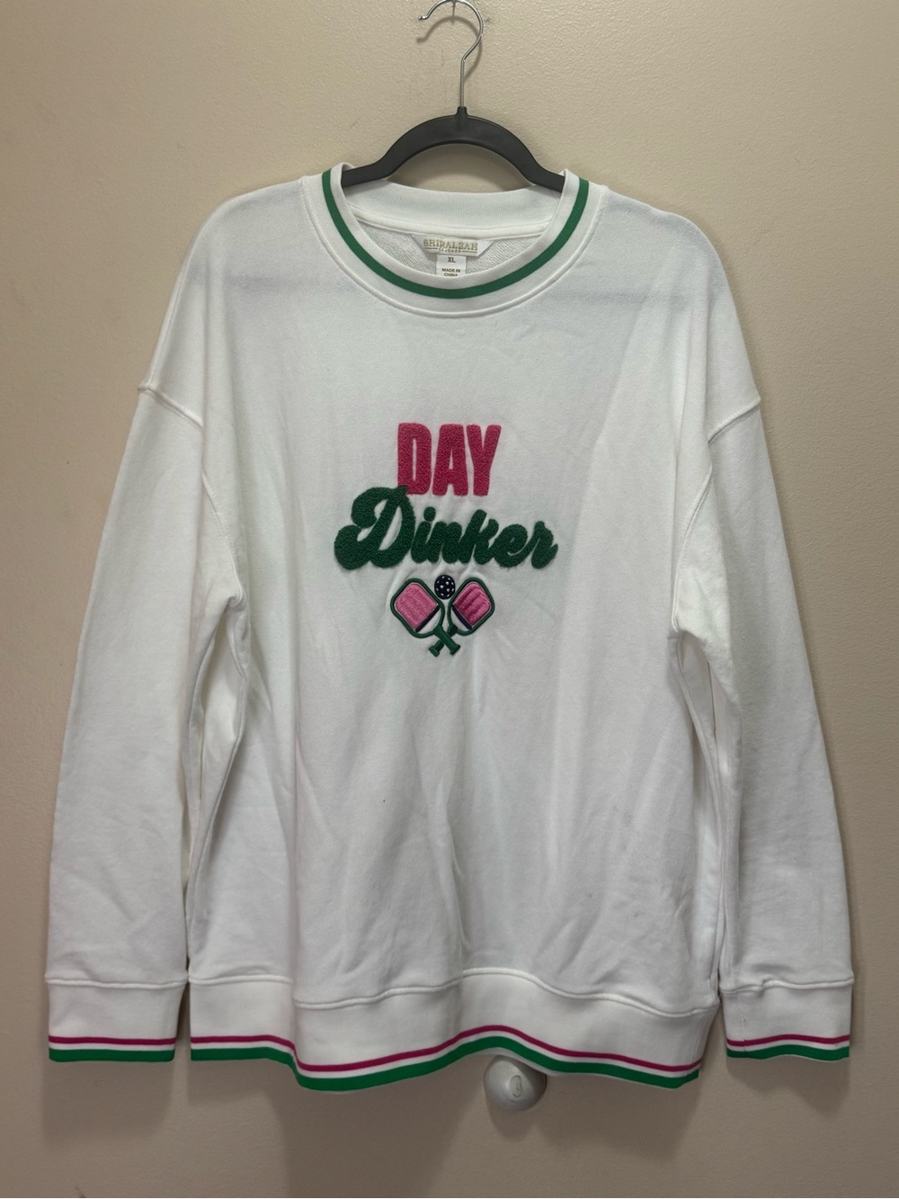 Shiraleah Day Dinker White Crewneck Sweatshirt with Pink & Green Embroidery
